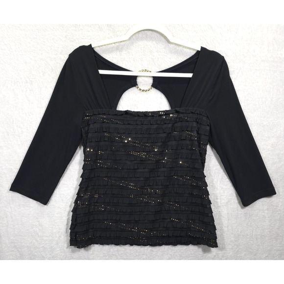 I.N. Studio Gold Embellished Top Ruffled Square Neck Woman SP Black Festive Glam - Picture 1 of 13